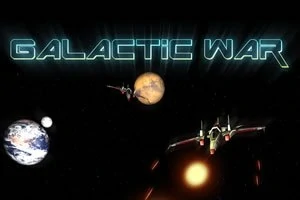 Texten Galactic War i neonstil ovanför rymdskepp och planeter i en mörk rymdmiljö