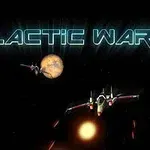 Texten Galactic War i neonstil ovanför rymdskepp och planeter i en mörk rymdmiljö