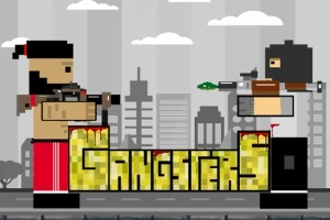 Två pixelerade karaktärer med vapen står mitt emot varandra över texten Gangsters i en stadsmiljö