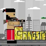Två pixelerade karaktärer med vapen står mitt emot varandra över texten Gangsters i en stadsmiljö
