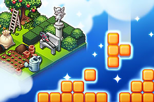 Trädgårdsscen med staty och bänk, omgiven av träd och gårdsutrustning, med pixelblock i himlen