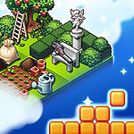 Trädgårdsscen med staty och bänk, omgiven av träd och gårdsutrustning, med pixelblock i himlen