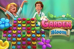 Glada karaktärer ovanför ett färgglatt rutnät av blommor med texten Garden Bloom på en grön bakgrund