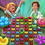 Glada karaktärer ovanför ett färgglatt rutnät av blommor med texten Garden Bloom på en grön bakgrund