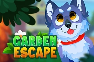 Tecknad bild av en glad hund med stora ögon och röd krage bredvid texten Garden Escape mot en färgglad bakgrund med löv och blommor
