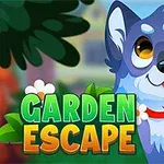 Tecknad bild av en glad hund med stora ögon och röd krage bredvid texten Garden Escape mot en färgglad bakgrund med löv och blommor