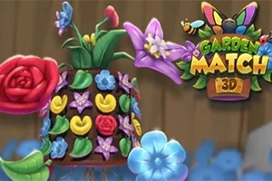 Färgglada blommor och växter i 3D-design med en dekorativ kruka och logotypen Garden Match 3D i bilder