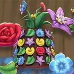 Färgglada blommor och växter i 3D-design med en dekorativ kruka och logotypen Garden Match 3D i bilder