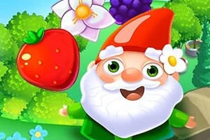 Glittrande tecknad tomte med ett rött äpple och blommor i en grönskande trädgård