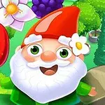 Glittrande tecknad tomte med ett rött äpple och blommor i en grönskande trädgård