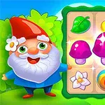 En tecknad tomte med röd hatt och vit skägg står bredvid ett spelbräde med färgglada frukter och svampar