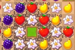 Färgglada frukter och blommor arrangerade i ett rutnät med jordig bakgrund