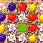Färgglada frukter och blommor arrangerade i ett rutnät med jordig bakgrund