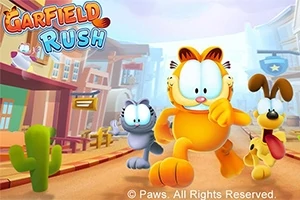 Garfield springer framåt genom en färgglad stad med sina vänner i bakgrunden