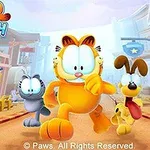 Garfield springer framåt genom en färgglad stad med sina vänner i bakgrunden