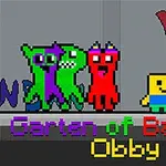 Pixelkonst med färgglada tecknade figurer på en grå bakgrund och texten Garten of Banban Obby i olika färger