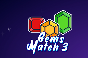 Tre färgglada ädelstenar i rött, gult och grönt på en mörklila bakgrund med texten Gems Match 3 under