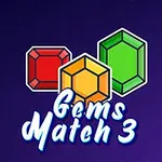 Tre färgglada ädelstenar i rött, gult och grönt på en mörklila bakgrund med texten Gems Match 3 under