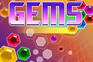 Färgglada ädelstenar i olika former och storlekar med texten GEMS i ett regnbågsfärgat typsnitt mot en mångfärgad bakgrund