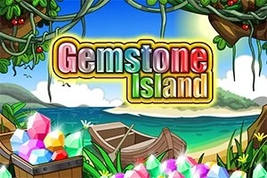 En tecknad strandscen med båtar och färgglada ädelstenar, med texten Gemstone Island i mitten