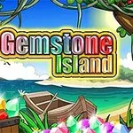 En tecknad strandscen med båtar och färgglada ädelstenar, med texten Gemstone Island i mitten