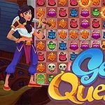 Två tecknade figurer står framför ett spelbräde fullt av färgglada ikoner, med texten Genie Quest i förgrunden