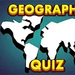Vita silhuetter av världskartor med texten Geography Quiz i gul och röd stil ovanpå en blå bakgrund