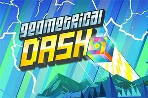 Färgglad scen med ordet Geometrical Dash och en lysande kub som flyger över berg och blixtar
