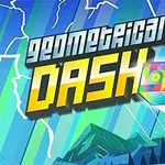 Färgglad scen med ordet Geometrical Dash och en lysande kub som flyger över berg och blixtar
