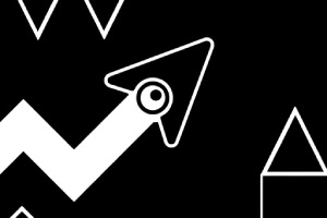 Svart bakgrund med vita geometriska former inklusive pilar och trianglar