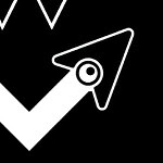 Svart bakgrund med vita geometriska former inklusive pilar och trianglar