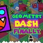 Färgglad bild med ett lila monsteransikte bredvid orden Finally, Dash, och bakgrundsmönster av geometriska former