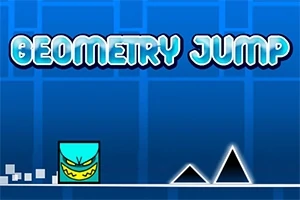 Blå bakgrund med texten GEOMETRY JUMP över en animerad fyrkant och svarta trianglar