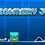 Blå bakgrund med texten GEOMETRY JUMP över en animerad fyrkant och svarta trianglar