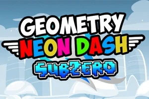 Färgglad titeltext med Geometry Neon Dash Subzero mot en bakgrund av isformationer och snö