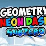 Färgglad titeltext med Geometry Neon Dash Subzero mot en bakgrund av isformationer och snö