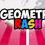 Texten GEOMETRY RASH i fet stil med röd och rosa bakgrund samt stiliserade moln