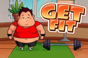 En tecknad person i träningskläder står på en grön matta bredvid en skivstång, med texten GET FIT bredvid