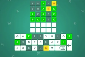 Ett ordpussel med bokstäverna BRAIN, SHAPE, PEACE och PLATE i gröna, gråa och gula rutor, samt ett virtuellt tangentbord nedanför