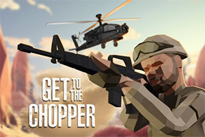 Soldat i pixelerad stil med gevär i förgrunden och helikopter i bakgrunden, med texten Get to the Chopper