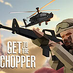 Soldat i pixelerad stil med gevär i förgrunden och helikopter i bakgrunden, med texten Get to the Chopper