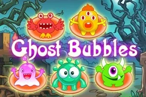 Färgglada tecknade monster och texten Ghost Bubbles mot en bakgrund av skogar och spöklika träd