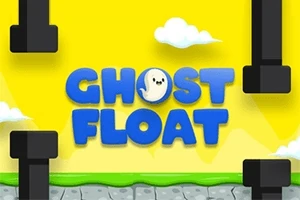 Texten GHOST FLOAT i blått med en tecknad glad spöke emot en gul bakgrund med moln och svarta pelare runt omkring