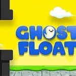 Texten GHOST FLOAT i blått med en tecknad glad spöke emot en gul bakgrund med moln och svarta pelare runt omkring