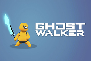 Gul figur med svärd och texten Ghost Walker på blå bakgrund
