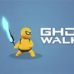 Gul figur med svärd och texten Ghost Walker på blå bakgrund