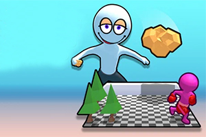 En tecknad figur med ett stort huvud och blå kropp står bakom ett schackrutigt golv där en rosa humanoid springer; i bakgrunden finns ett par geometriska träd och en gyllene klump