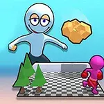 En tecknad figur med ett stort huvud och blå kropp står bakom ett schackrutigt golv där en rosa humanoid springer; i bakgrunden finns ett par geometriska träd och en gyllene klump