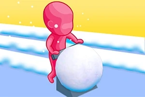 En rosa tecknad figur trycker en stor snöboll framför sig på ett blått och vitt landskap med en gul bakgrund
