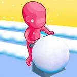 En rosa tecknad figur trycker en stor snöboll framför sig på ett blått och vitt landskap med en gul bakgrund